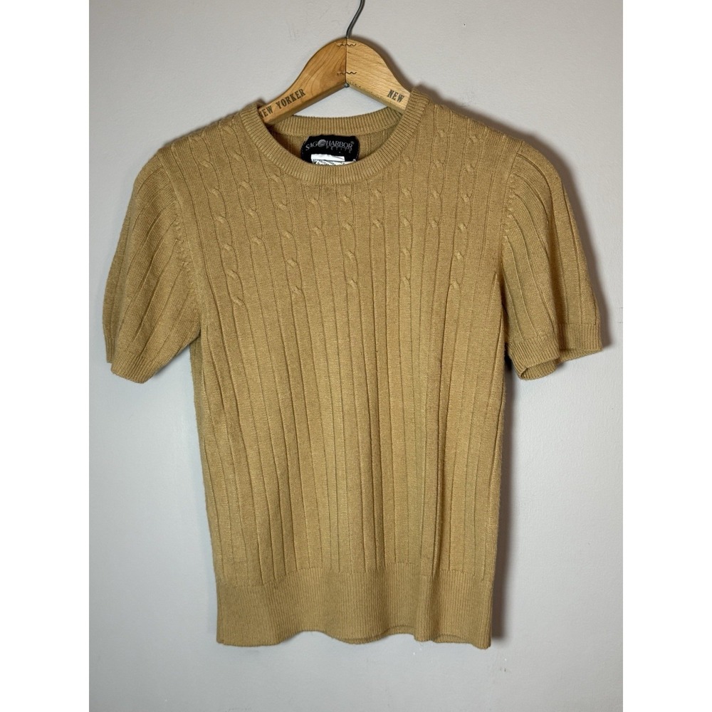 Sag Harbor Women's tan Short Sleeve Sweater Medium Crew Neck Knit Pull Over